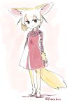  :&gt; alternate_costume animal_ears artist_name black_eyes blonde_hair blush commentary_request dress extra_ears fennec_(kemono_friends) fox_ears fox_tail full_body hair_between_eyes high_heels kemono_friends looking_at_viewer panzuban red_dress short_hair simple_background smile solo tail twitter_username 