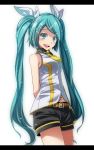  :d absurdres arms_behind_back bangs belt black_shorts blue_eyes blue_hair commentary_request cosplay cowboy_shot eyebrows_visible_through_hair hair_ornament hair_ribbon hairclip hatsune_miku highres long_hair navel necktie open_mouth project_diva_(series) ribbon rin-chan_now!_(vocaloid) shirt short_necktie short_shorts shorts simple_background sleeveless sleeveless_shirt smile solo standing tsukishiro_saika twintails very_long_hair vocaloid white_background white_ribbon white_shirt yellow_neckwear 
