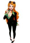  1girl brown_eyes heels lipstick long_hair nami_(one_piece) one_piece orange_hair simple_background solo standing suit sunglasses sunglasses_on_head white_background 