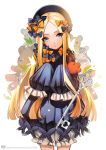  1girl abigail_williams_(fate/grand_order) bangs black_bow black_dress black_hat blonde_hair blue_eyes bow cowboy_shot dress fate/grand_order fate_(series) frilled_dress frilled_shorts frills hair_bow hat head_tilt highres holding holding_stuffed_animal key long_hair looking_at_viewer orange_bow parted_bangs parted_lips polka_dot polka_dot_bow short_dress shorts shorts_under_dress simple_background sleeves_past_wrists solo standing stuffed_animal stuffed_toy teddy_bear very_long_hair watermark web_address white_background white_shorts xiaoxia 