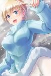  artist_name bangs blonde_hair blue_eyes brave_witches breasts crotch_seam dutch_angle eyebrows_visible_through_hair fur_trim haruhata_mutsuki large_breasts long_sleeves looking_at_viewer nikka_edvardine_katajainen open_mouth pantyhose ribbed_sweater short_hair signature smile snow solo standing sweater turtleneck turtleneck_sweater twitter_username white_legwear world_witches_series 