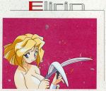  90s animal_ears blonde_hair blue_eyes breasts bunny_ears character_name convenient_arm erilin_goldsmith fake_animal_ears hairband_removed kimura_takahiro large_breasts official_art short_hair smile solo variable_geo white_wrist_cuffs wrist_cuffs 