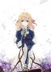  bangs blonde_hair blue_eyes dress eyebrows_visible_through_hair floating_hair hair_between_eyes hair_ribbon highres holding long_dress long_hair manglu prosthesis prosthetic_arm red_ribbon ribbon smile solo standing suitcase violet_evergarden violet_evergarden_(character) white_background white_dress white_neckwear 