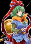  black_background breasts chrono_trigger commentary cosplay cowboy_shot crono crono_(cosplay) eyebrows_visible_through_hair frilled_ribbon frilled_skirt frills front_ponytail green_eyes green_hair hair_between_eyes hair_ribbon hand_on_hilt kagiyama_hina katana large_breasts long_hair looking_at_viewer miniskirt orange_scarf red_ribbon red_skirt ribbon scarf sheath sheathed shirt skirt smile solo standing sword tied_hair touhou unya weapon 