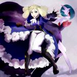  1girl blonde_hair blue_eyes chymia_(pokemon) drill_hair fingerless_gloves fur_trim gloves mega_gardevoir pokemon pokemon_(anime) quad_drills red_eyes 