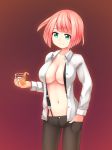  alcohol aposine black_pants breasts collarbone commentary cowboy_shot cup drink drinking_glass english_commentary eyebrows_visible_through_hair green_eyes hand_in_pocket hand_up highres holding ice ice_cube konoka_(aposine) large_breasts long_sleeves looking_down navel open_clothes open_shirt original pants pink_hair purple_background shirt short_hair simple_background smile solo standing suspenders white_shirt 