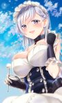  apron azur_lane bangs bare_shoulders belfast_(azur_lane) blue_eyes blue_sky blush braid breasts buttons chain cleavage cloud collar commentary_request corset eyebrows_visible_through_hair french_braid frilled_apron frilled_gloves frills gauntlets gloves large_breasts long_hair looking_at_viewer maid maid_apron maid_headdress mimikaki nekomiya_noru_(yuduki710) open_mouth sky smile solo white_apron white_gloves white_hair 