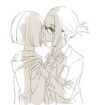  blazer bob_cut bow bowtie commentary darling_in_the_franxx glasses hair_up hands_on_shoulders hood hoodie ichigo_(darling_in_the_franxx) ikuno_(darling_in_the_franxx) imminent_kiss jacket monochrome multiple_girls school_uniform short_hair sketch unapoppo yuri 