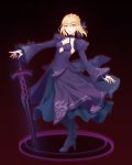  1girl absurdres artoria_pendragon_(all) black_bow black_footwear black_shirt black_skirt black_sleeves blonde_hair boots bow dark_excalibur eyebrows_visible_through_hair fate/stay_night fate_(series) floating_hair formal full_body hair_between_eyes hair_bow hand_on_hilt high_heel_boots high_heels highres long_skirt long_sleeves looking_at_viewer parted_lips saber_alter shirt short_hair shrug_(clothing) sidelocks skirt skirt_suit sleeveless sleeveless_shirt solo standing suit yellow yycaihuahua 