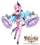  age_of_ishtaria black_footwear blue_dress bow breasts cleavage copyright_name dress hair_bow hair_ornament heart highres jewelry long_sleeves looking_at_viewer medium_breasts moriko06 necklace official_art pink_hair pink_legwear purple_eyes red_pupils shoes short_hair striped striped_bow striped_legwear tail vertical_stripes watermark wide_sleeves 