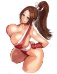  arched_back arm_guards ass bare_shoulders blush breasts brown_eyes brown_hair cleavage closed_mouth collarbone cropped_legs crossed_legs fatal_fury from_above hand_on_hip high_ponytail japanese_clothes large_breasts long_hair looking_at_viewer ninja number ponytail revealing_clothes shiranui_mai shu-mai sideboob sidelocks simple_background sleeveless smile solo the_king_of_fighters thick_thighs thighs white_background 