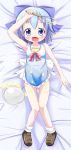  :d apron arm_up ass_visible_through_thighs bangs bare_arms bare_shoulders bed_sheet blue_apron blue_bow blue_eyes blush bow breasts brown_footwear cirno collarbone commentary_request dakimakura eyebrows_visible_through_hair fang food food_on_face frilled_apron frills full_body hair_between_eyes hair_bow highres holding looking_at_viewer lying makuran naked_apron on_back open_mouth pink_bow shoes small_breasts smile socks solo touhou whisk white_bow white_legwear 