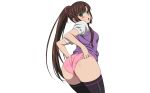  ass blush brown_hair green_eyes kirasaka_sayaka long_hair mokke_(artist) panties ponytail ribbons seifuku strike_the_blood thighhighs underwear white 