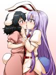  absurdres animal_ears assertive black_hair blush bunny_ears bunny_tail collared_shirt forced french_kiss hands_on_another's_face highres inaba_tewi itou_yuuji kiss multiple_girls necktie puffy_short_sleeves puffy_sleeves purple_hair red_eyes reisen_udongein_inaba shirt short_sleeves sidelocks tail touhou yuri 