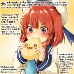  blue_neckwear blush braid colored_pencil_(medium) commentary_request dated eating etorofu_(kantai_collection) food hat holding holding_food htb kantai_collection kirisawa_juuzou long_sleeves neckerchief numbered on-chan purple_eyes red_hair sailor_hat school_uniform serafuku short_hair smile solo traditional_media translation_request twin_braids twitter_username white_hat yellow_background 