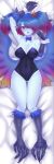  absurdres animal_ears ass_visible_through_thighs bed_sheet black_leotard blue_hair blue_neckwear blue_skin blush bow bowtie breasts bunny_ears bunnysuit chaos_(warhammer) claws cleavage commission covered_navel dakimakura feathers gradient_hair gradient_wings hair_over_one_eye hand_up highres ignitrix khornette_quest large_breasts leotard looking_at_viewer lying monster_girl multicolored multicolored_hair multicolored_wings on_back parted_lips pastelletta pointy_ears red_eyes short_hair solo spread_wings thigh_gap twintails warhammer_40k wings wrist_cuffs 