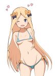  ;d abigail_williams_(fate/grand_order) absurdres arms_behind_back ass_visible_through_thighs bangs bare_arms bare_shoulders bikini black_bow blonde_hair blue_bikini blue_eyes blush bow breasts collarbone commentary_request eyebrows_visible_through_hair fate/grand_order fate_(series) groin hair_bow heart highres leaning_to_the_side long_hair looking_at_viewer micro_bikini mitchi navel one_eye_closed open_mouth orange_bow parted_bangs side-tie_bikini small_breasts smile solo swimsuit very_long_hair 