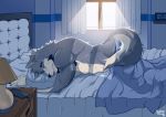  2018 anthro bed biceps black_nose canine digital_media_(artwork) eyes_closed fur hi_res hittoga male mammal multicolored_fur muscular muscular_male nude simple_background wolf 