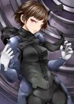  bangs biker_clothes black_neckwear black_scarf bodysuit braid brown_hair commentary_request corset crown_braid gloves hands_up highres lips long_sleeves looking_at_viewer nemu_(nebusokugimi) niijima_makoto no_mask parted_lips persona persona_5 red_eyes safe_(container) scarf short_hair shoulder_spikes sideways_glance smile solo spikes tsurime upper_body 