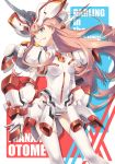  breasts clenched_teeth commentary_request copyright_name cosplay darling_in_the_franxx gloves green_eyes highres leotard long_hair looking_at_viewer mecha_musume medium_breasts pink_hair simelu smile solo standing strelizia strelizia_(cosplay) teeth thighhighs white_gloves white_legwear white_leotard zero_two_(darling_in_the_franxx) 