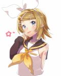  akanbe arm_behind_back arm_tattoo bangs blonde_hair bow breasts cropped_torso detached_sleeves green_eyes hair_bow hair_ornament hair_ribbon hairband hairclip headphones headset index_finger_raised kagamine_rin looking_at_viewer neckerchief number_tattoo ribbon sawashi_(ur-sawasi) shirt short_hair simple_background sleeveless sleeveless_shirt small_breasts solo tattoo tongue tongue_out upper_body vocaloid white_background white_hairband white_ribbon white_shirt yellow_neckwear 
