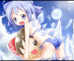  :d ass bangs bare_arms bare_shoulders bikini blue_bikini blue_bow blue_eyes blue_hair blue_sky blush bow cirno commentary_request day eyebrows_visible_through_hair fang hair_bow hakurei_reimu highres holding ice ice_wings leaning_forward looking_at_viewer looking_back makuran open_mouth outdoors shoulder_blades side-tie_bikini sky smile solo sunlight swimsuit touhou wading water wings yukkuri_shiteitte_ne 