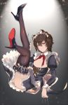  alternate_costume apron bare_chest brown_hair crossdressing enmaided frills granblue_fantasy high_heels highres holding holding_knife knife knives_between_fingers maid maid_apron maid_headdress male_focus puffy_sleeves red_eyes sandalphon_(granblue_fantasy) short_hair thighhighs wrist_cuffs yaba_ine 