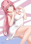  aqua_eyes bangs breasts collarbone commentary_request darling_in_the_franxx dress eyebrows_visible_through_hair head_tilt highres horns long_hair looking_at_viewer panties pantyshot pantyshot_(sitting) pink_hair red_horns satomi_(745684552) sitting smile solo strap_slip sundress underwear white_panties zero_two_(darling_in_the_franxx) 