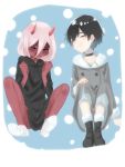  &gt;_&lt; 1girl bandages bangs black_cloak black_footwear black_hair blush boots cloak closed_eyes coat commentary_request couple darling_in_the_franxx fur_boots fur_trim grey_coat hanabusayuzuki hand_on_own_knee highres hiro_(darling_in_the_franxx) hood hooded_cloak horns long_hair oni_horns parka pink_hair red_horns red_skin sitting spoilers winter_clothes winter_coat younger zero_two_(darling_in_the_franxx) 