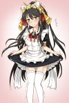  alternate_costume ameneko_kuro apron black_dress black_hair blue_eyes blush dress enmaided garter_straps hair_tubes hairband headdress highres isis_(p&amp;d) long_hair maid maid_apron puzzle_&amp;_dragons smile thighhighs trembling very_long_hair white_legwear 