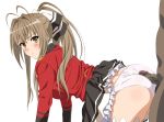  amagi_brilliant_park blush brown_eyes brown_hair censored cum kekke long_hair panties penis ponytail sento_isuzu striped_panties underwear white 