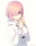  1girl artist_name black-framed_eyewear coat fate/grand_order fate_(series) glasses hair_over_breasts heart long_sleeves looking_at_viewer mash_kyrielight muki_(mayuiki) pink_hair purple_eyes short_hair simple_background smile solo upper_body white_background white_coat winter_clothes winter_coat 