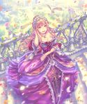  :d bird blonde_hair breasts cleavage collarbone day dress floating_hair from_above green_eyes hand_in_hair highres hisakata_souji jewelry long_dress long_hair looking_at_viewer medium_breasts necklace open_mouth outdoors petals purple_dress shingeki_no_bahamut smile solo stairs 
