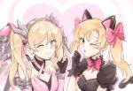  alternate_costume alternate_hairstyle animal_ears bare_shoulders black_cat_d.va black_dress black_gloves blonde_hair blue_eyes bow bowtie breasts cat_ears clenched_hand criss-cross_halter d.va_(overwatch) dress elbow_gloves fingerless_gloves gloves hair_ribbon halterneck heart index_finger_raised jewelry lolita_fashion looking_at_viewer mechanical_halo mechanical_wings medium_breasts medium_hair mercy_(overwatch) multiple_girls overwatch parted_lips pink_bow pink_dress pink_gloves pink_mercy pink_ribbon pink_wings puffy_short_sleeves puffy_sleeves ribbon short_sleeves siam_(meow13) sketch smile sparkle twintails upper_body wings 