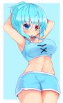  adapted_costume armpits arms_up blue_background blue_eyes blue_hair blue_shorts blush border breasts check_commentary cleavage commentary_request cowboy_shot eyebrows_visible_through_hair hair_between_eyes heterochromia highres large_breasts looking_at_viewer midriff mouth_hold navel red_eyes short_hair short_shorts shorts simple_background solo sports_bra standing stomach tatara_kogasa tokoya_(ex-hetare) touhou tying_hair white_border 