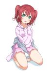  bad_id bad_pixiv_id between_legs breasts collarbone enpu_(ufo) eyebrows_visible_through_hair fangs full_body green_eyes hair_between_eyes hand_between_legs head_tilt kneeling kurosawa_ruby long_hair love_live! love_live!_sunshine!! miniskirt open_mouth pink_legwear pink_skirt pink_sweater pleated_skirt red_hair simple_background skirt small_breasts socks solo sweater two_side_up white_background 