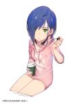  absurdres artist_name blue_hair coffee_cup commentary cropped_legs cup darling_in_the_franxx dated disposable_cup drawstring earbuds earphones eyebrows_visible_through_hair eyes_visible_through_hair gorgeous_mushroom green_eyes hair_over_one_eye highres holding hood hood_down hoodie ichigo_(darling_in_the_franxx) looking_at_viewer parted_lips paw_print pink_hoodie revision short_hair signature simple_background single_earphone_removed sitting solo white_background 