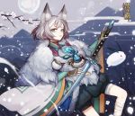  animal_ear_fluff animal_ears brown_gloves elreyiens fingerless_gloves fur_trim gloves green_eyes grey_hair grey_sky highres katana long_hair male_focus official_art onmyoji outdoors snow snow_bunny snowflakes sword tears weapon yuki_douji_(onmyoji) 