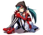  animal_ears blue_hair breasts cat_ears cat_food_(vocaloid) choker cleavage collarbone detached_sleeves eyebrows_visible_through_hair facial_mark fake_animal_ears full_body hatsune_miku high_heels highres long_hair pantyhose project_diva_(series) pumps red_footwear small_breasts smile striped striped_legwear tsukishiro_saika twintails vertical-striped_legwear vertical_stripes very_long_hair vocaloid white_background yellow_eyes 