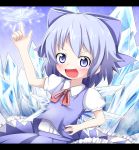  :d arm_up bangs blue_bow blue_eyes blue_hair blue_skirt blue_vest blush bow cirno collared_shirt commentary dress_shirt eyebrows_visible_through_hair hair_bow hand_on_hip highres ice ice_wings index_finger_raised long_hair looking_at_viewer makuran neck_ribbon open_mouth pink_ribbon puffy_short_sleeves puffy_sleeves ribbon shirt short_sleeves skirt smile solo touhou v-shaped_eyebrows vest white_shirt wings 