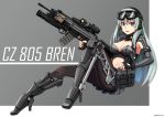  absurdres ammunition_pouch aqua_hair armored_boots blue_eyes boots breasts character_name cleavage cleavage_cutout cz-805 cz-805_(girls_frontline) exoskeleton eyebrows_visible_through_hair fingerless_gloves girls_frontline gloves goggles goggles_on_head grenade_launcher gun hair_between_eyes headset high_heels highres holding holding_gun holding_weapon jewelry knee_up long_hair magazine_(weapon) medium_breasts navel ndtwofives night_vision_device open_mouth pantyhose pleated_skirt pouch rifle ring scope sidelocks skirt solo trigger trigger_discipline twitter_username two-tone_background underbarrel_grenade_launcher weapon wedding_band 