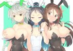  &gt;:( alternate_costume amagi_(kantai_collection) animal_ears areolae arms_at_sides asymmetrical_hair bare_shoulders black_hair black_leotard blue_background blue_eyes blush breast_envy breast_grab breasts breasts_outside brown_eyes brown_hair brown_legwear bunny_ears bunny_girl bunny_tail bunnysuit closed_eyes collarbone commentary covered_navel detached_collar embarrassed eyebrows_visible_through_hair fake_animal_ears flat_chest frown girl_sandwich grabbing hair_between_eyes hair_ribbon high_ponytail jitome kantai_collection katsuragi_(kantai_collection) large_breasts leotard long_hair looking_at_another mole mole_under_eye multiple_girls navel nipple_tweak nipples open_mouth pantyhose puffy_nipples ribbon sandwiched shiny shiny_clothes silver_hair strapless strapless_leotard tail unryuu_(kantai_collection) upper_body v-shaped_eyebrows very_long_hair wavy_mouth white_leotard white_ribbon wrist_cuffs yellow_eyes yuzuruka_(bougainvillea) 