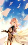  bangs blonde_hair blue_eyes blue_sky ccgovo cloud day from_side hair_between_eyes hair_ribbon highres long_hair outdoors pink_ribbon prosthesis prosthetic_arm ribbon sky solo violet_evergarden violet_evergarden_(character) 