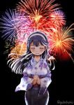  ahoge blush breasts closed_eyes fireworks floral_print hairband hands_clasped highres japanese_clothes kantai_collection kimono large_breasts light_smile long_hair own_hands_together print_kimono purple_hair sogabe_toshinori solo twitter_username ushio_(kantai_collection) 