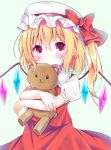  blonde_hair blush closed_mouth commentary_request esureki eyebrows_visible_through_hair flandre_scarlet hat highres holding holding_stuffed_animal long_hair looking_at_viewer red_eyes red_ribbon red_skirt ribbon short_sleeves side_ponytail skirt solo stuffed_animal stuffed_toy teddy_bear touhou wings 