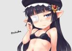  artist_name bangs bare_shoulders black_bra black_hair blue_eyes blunt_bangs blush bra breasts commentary_request embarrassed eyebrows_visible_through_hair frown granblue_fantasy grey_background hair_ornament harvin hat jingai_modoki long_hair looking_at_viewer lunalu_(granblue_fantasy) pointy_ears simple_background small_breasts solo sweat twitter_username underwear upper_body 