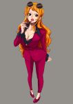  1girl brown_eyes grey_background heels lipstick long_hair nami_(one_piece) one_piece orange_hair solo standing suit sunglasses sunglasses_on_head 