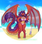  amethystdust anthro beach bikini breasts cleavage clothed clothing dragon female hair horn melee_weapon navel outside seaside smile solo swimsuit sword weapon wide_hips wings 