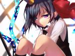  bicolored_eyes black_hair blue_eyes bow chain horns kneehighs original purple_eyes short_hair tagme_(artist) 