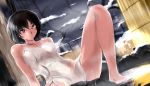  amagami arm_support black_hair blush brown_eyes commentary dutch_angle in_water leaning_back leg_up looking_at_viewer murasaki_iro nanasaki_ai onsen parted_lips railing see-through shooting_star short_hair sitting sky snow soaking_feet solo spread_legs star_(sky) starry_sky tan tanline towel tree wet_towel 